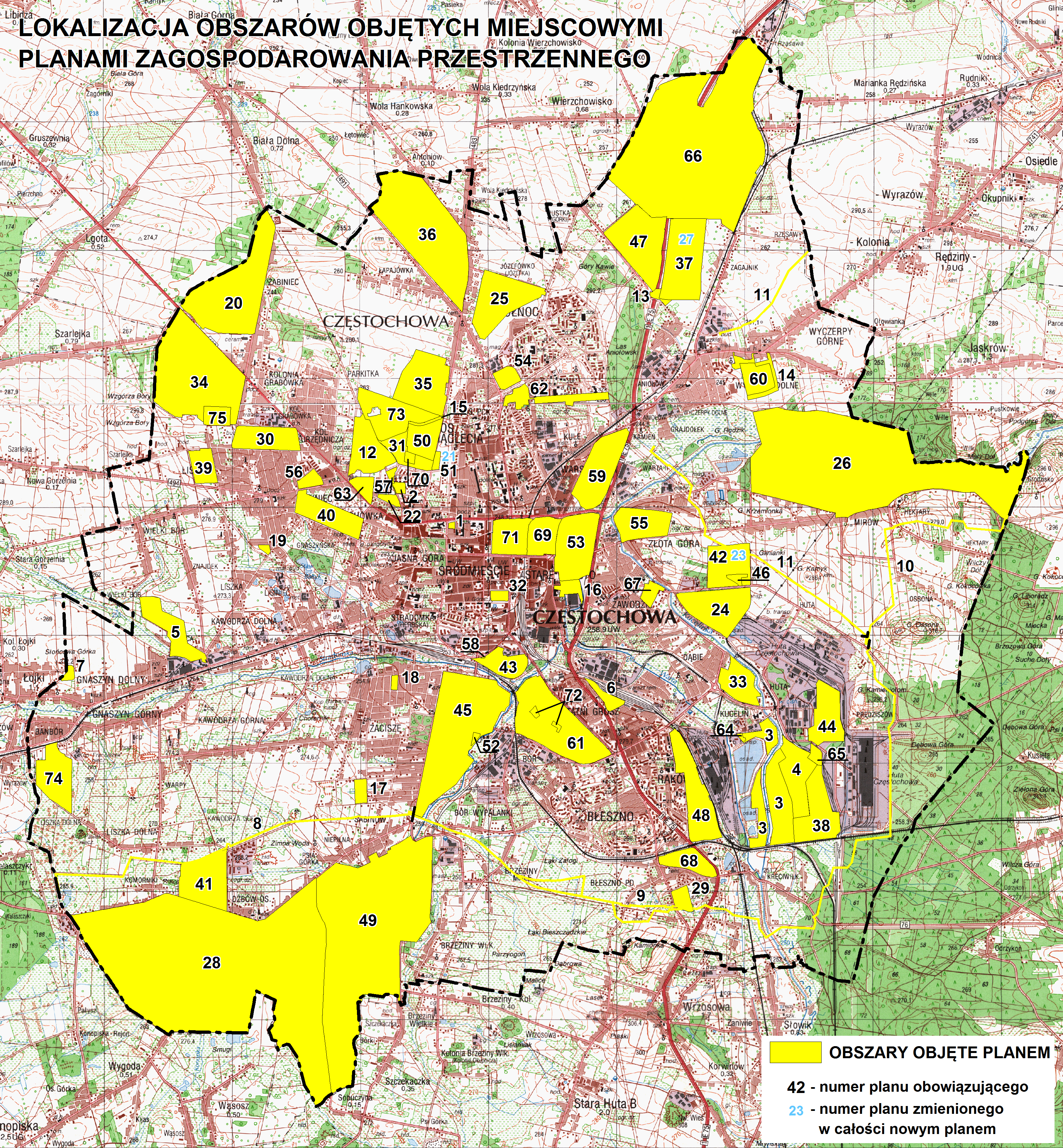 Rysunek zawiera pomniejszoną mapę Częstochowy z lokalizacjami planów miejscowych oznaczonych ponumerowanymi żółtymi obszarami.