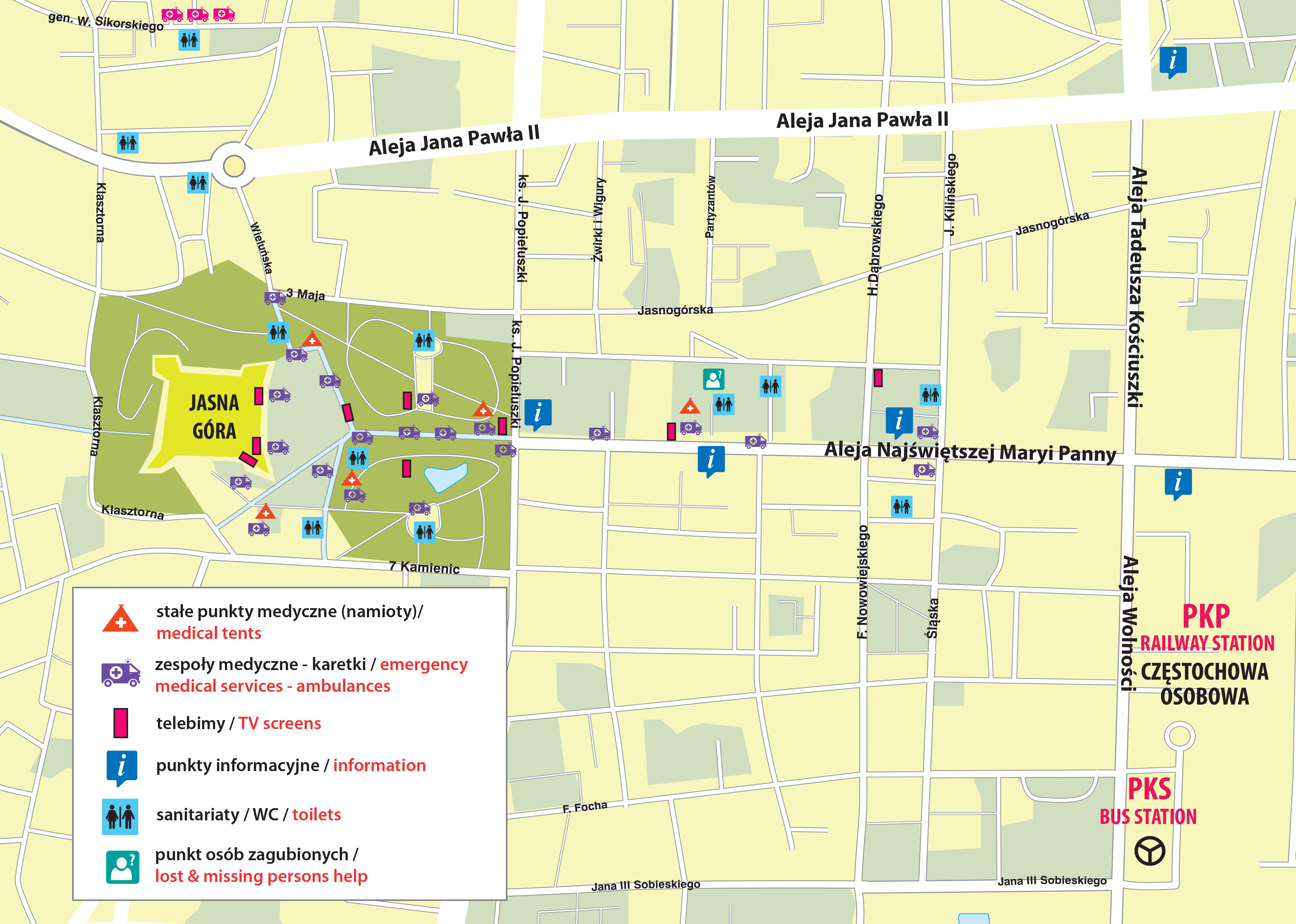 Mapka rozmieszczenia punktów medycznych, informacyjnych, telebimów i sanitariatów w centrum Częstochowy w dniu wizyty papieża Franciszka (28 lipca)